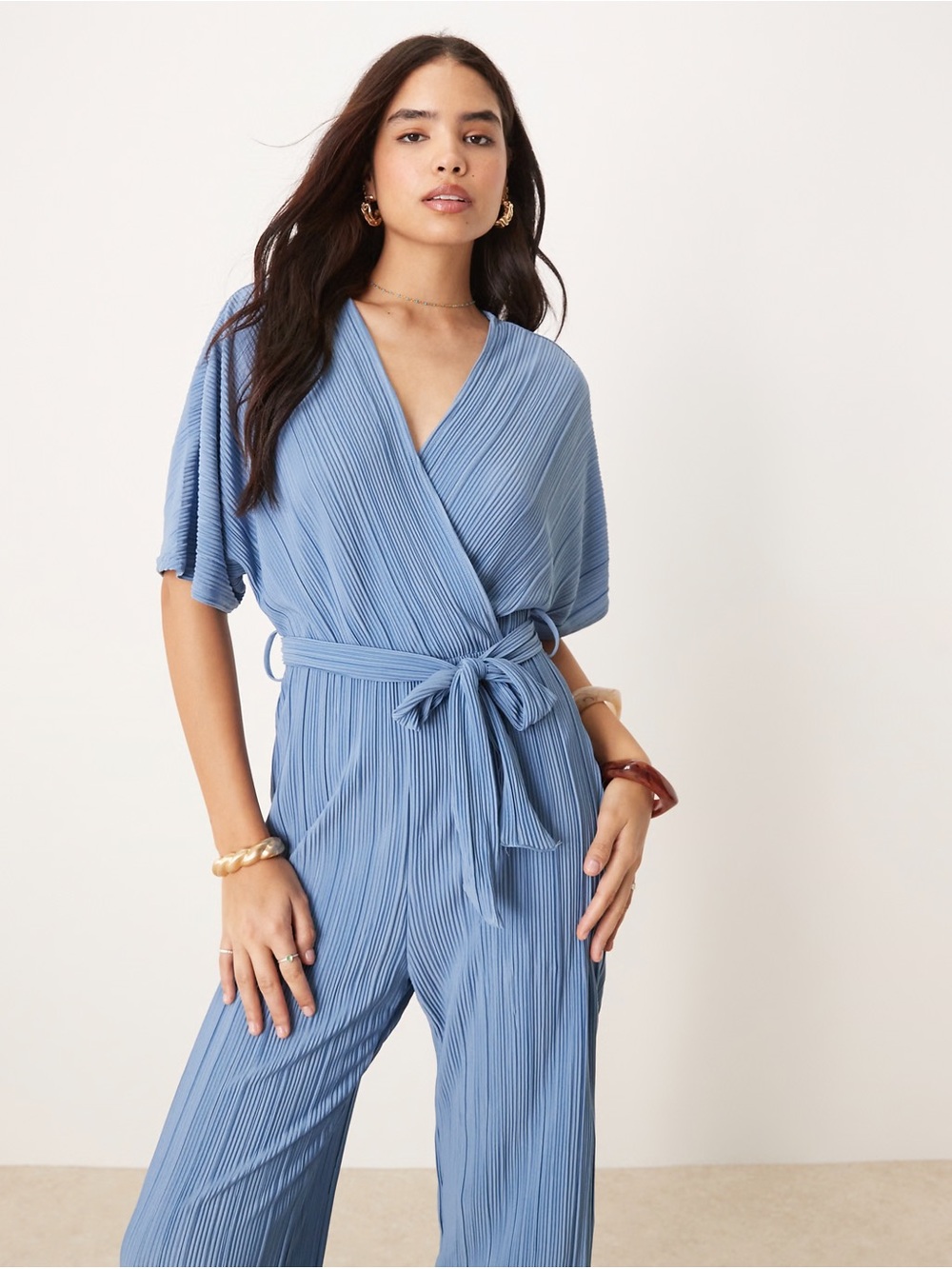 Yas Blue Plisse Wrap Front Jumpsuit